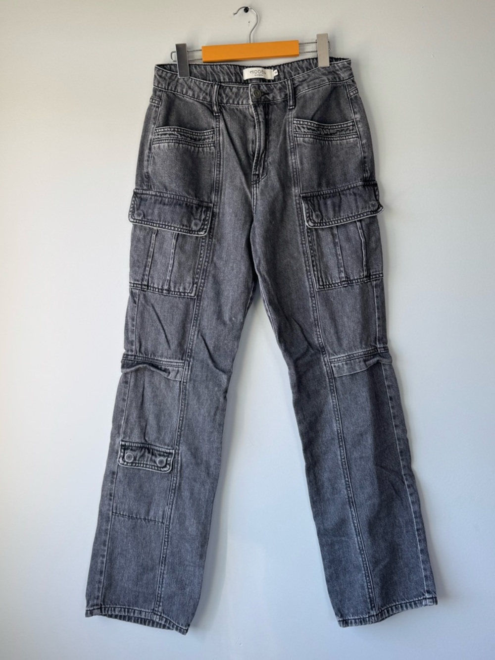 Straight Leg Cargo Jeans in Washed Black